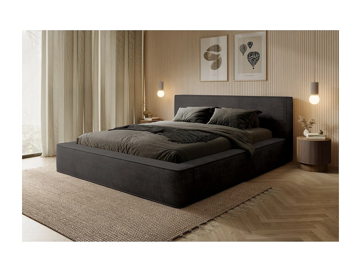 Lit coffre DENALI – Cinza antracite – 140x200 cm – Tecido veludo macio – Estrado elevatório – Armazenamento integrado