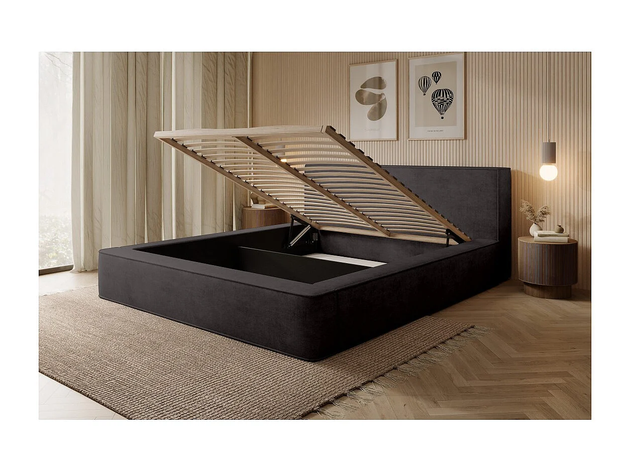Lit coffre DENALI – Cinza antracite – 140x200 cm – Tecido veludo macio – Estrado elevatório – Armazenamento integrado