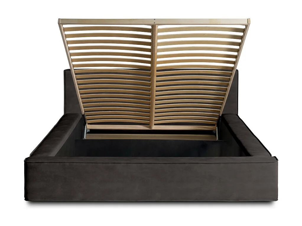 Lit coffre DENALI – Cinza antracite – 140x200 cm – Tecido veludo macio – Estrado elevatório – Armazenamento integrado