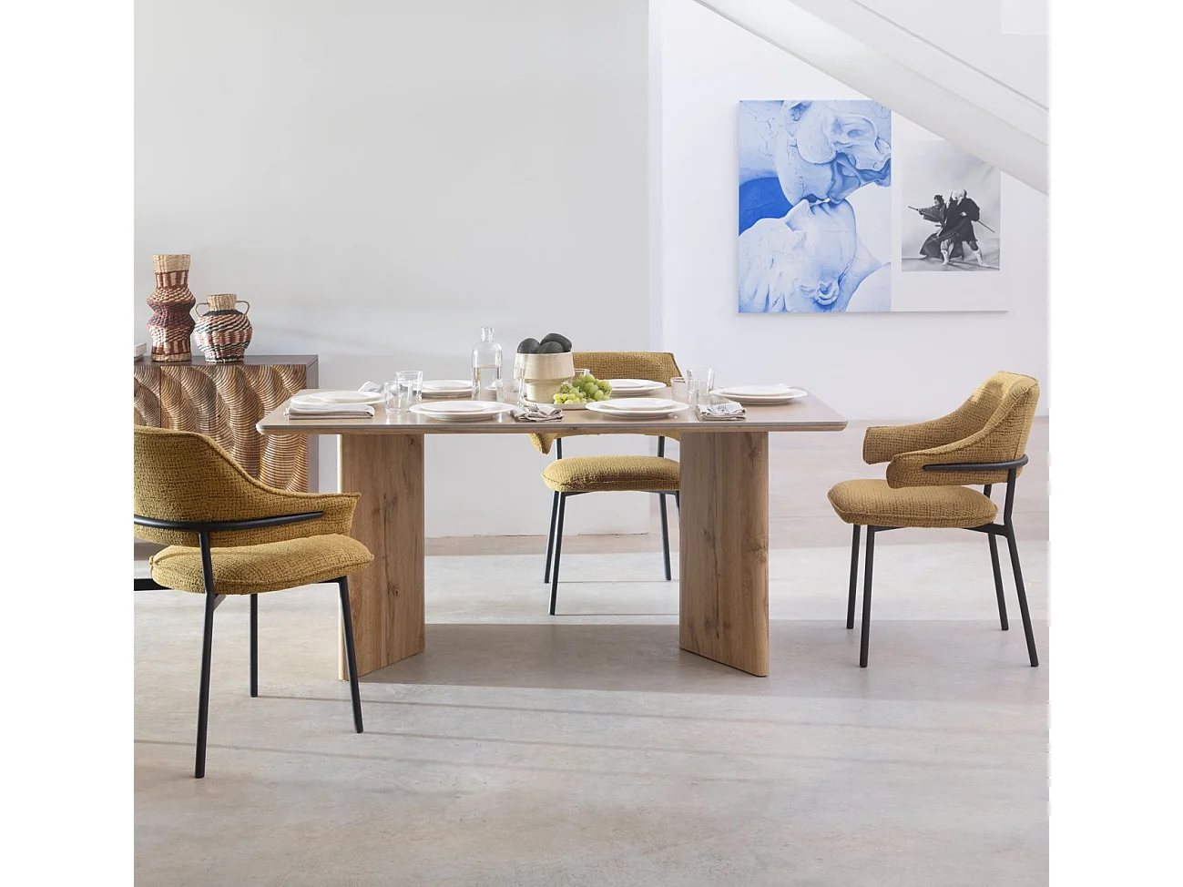 Lot de 4 fauteuils en chenille moutarde chiné