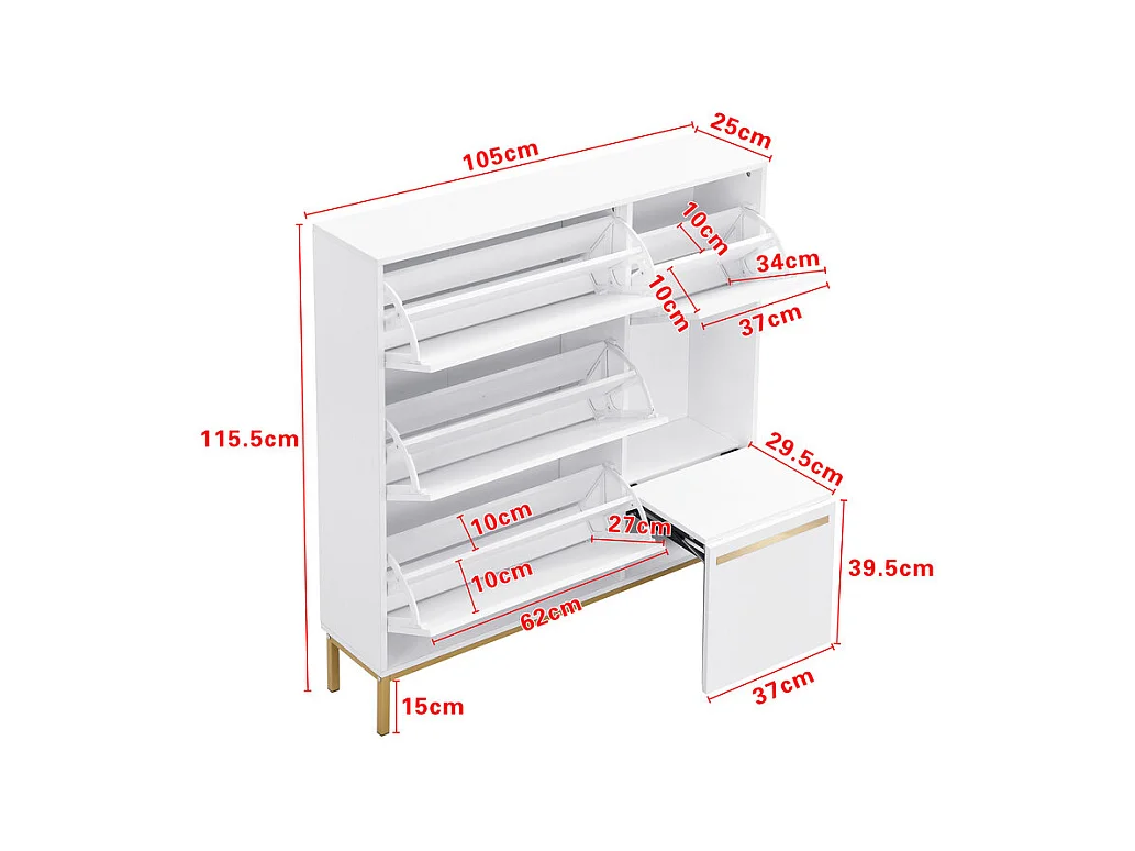 Sapateira em MDF branco - Com 3 portas basculantes e banco - Para 15-22 pares de sapatos - 105x25x115.5cm