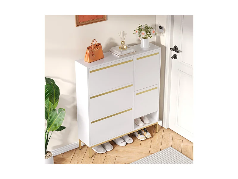 Sapateira em MDF branco - Com 3 portas basculantes e banco - Para 15-22 pares de sapatos - 105x25x115.5cm