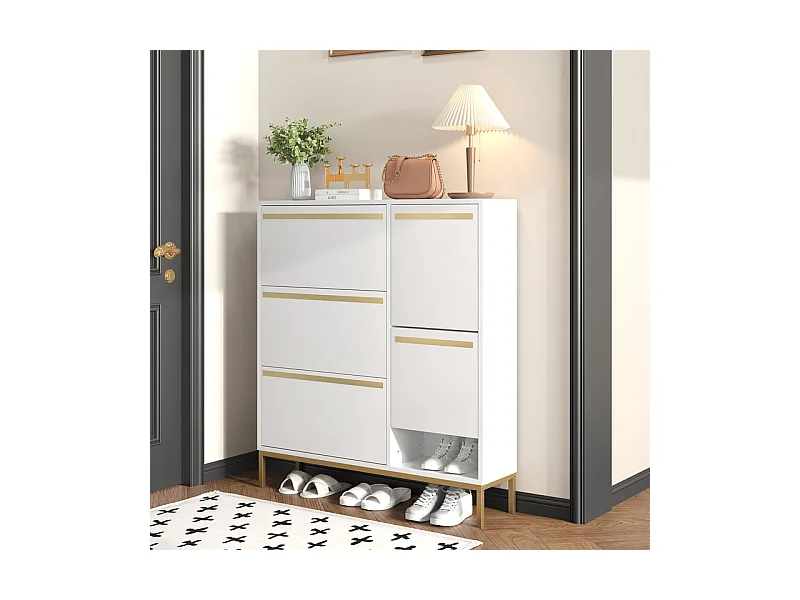 Sapateira em MDF branco - Com 3 portas basculantes e banco - Para 15-22 pares de sapatos - 105x25x115.5cm