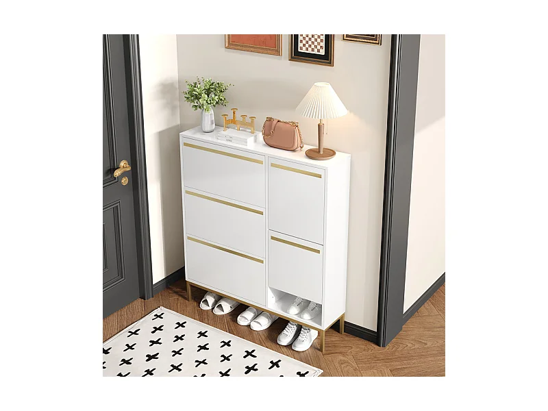 Sapateira em MDF branco - Com 3 portas basculantes e banco - Para 15-22 pares de sapatos - 105x25x115.5cm