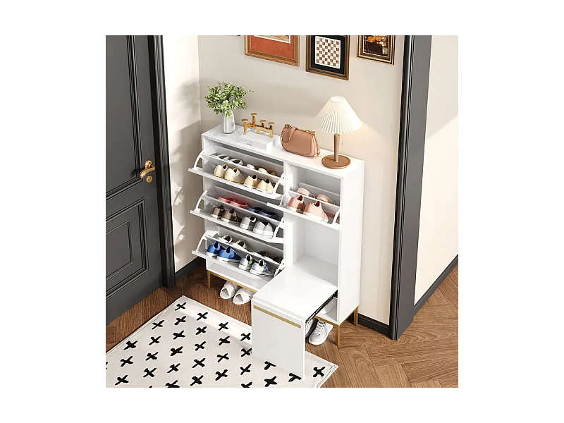Sapateira em MDF branco - Com 3 portas basculantes e banco - Para 15-22 pares de sapatos - 105x25x115.5cm