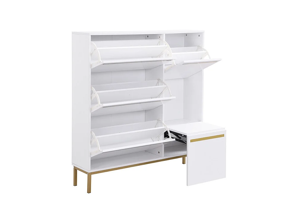 Sapateira em MDF branco - Com 3 portas basculantes e banco - Para 15-22 pares de sapatos - 105x25x115.5cm