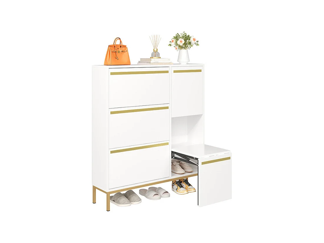 Meuble à chaussures en MDF blanc - avec 3 portes abattants et tabouret - pour 15-22 paires de chaussures - 105x25x115.5cm