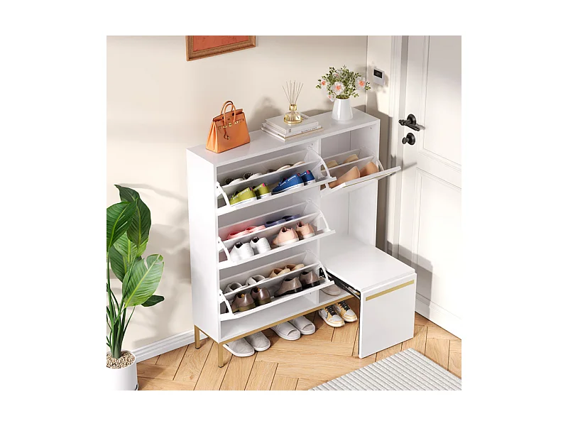 Schuhschrank aus weißem MDF - Mit 3 Klapptüren und Hocker - Für 15-22 Paar Schuhe - 105x25x115.5cm