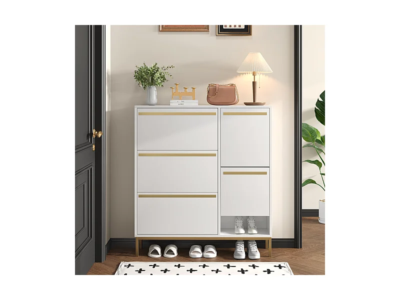 Schuhschrank aus weißem MDF - Mit 3 Klapptüren und Hocker - Für 15-22 Paar Schuhe - 105x25x115.5cm