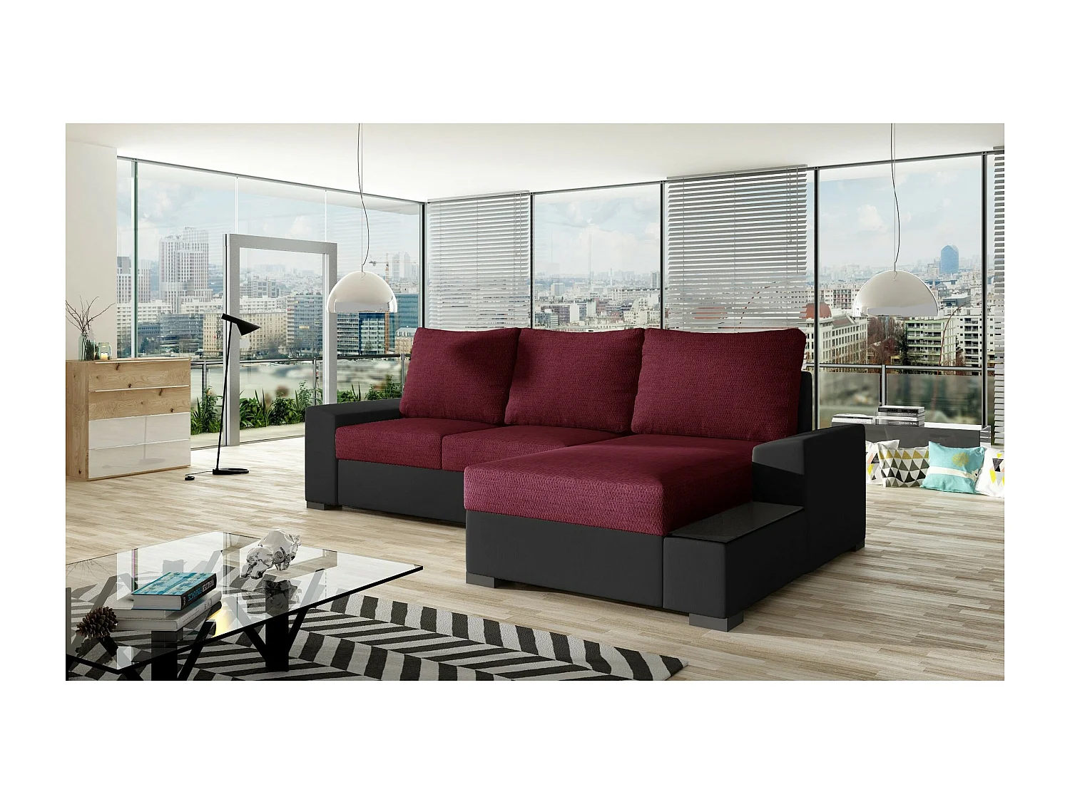 Divano d'angolo Arte R/rivestimento in tessut/Roso&Nero