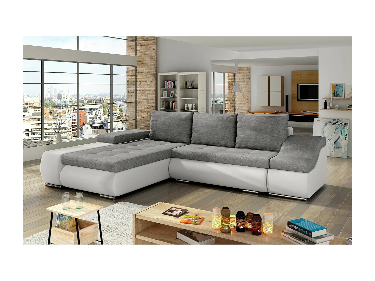 Ecksofa Swicco L/Stoffbezug/Grau&Weiss