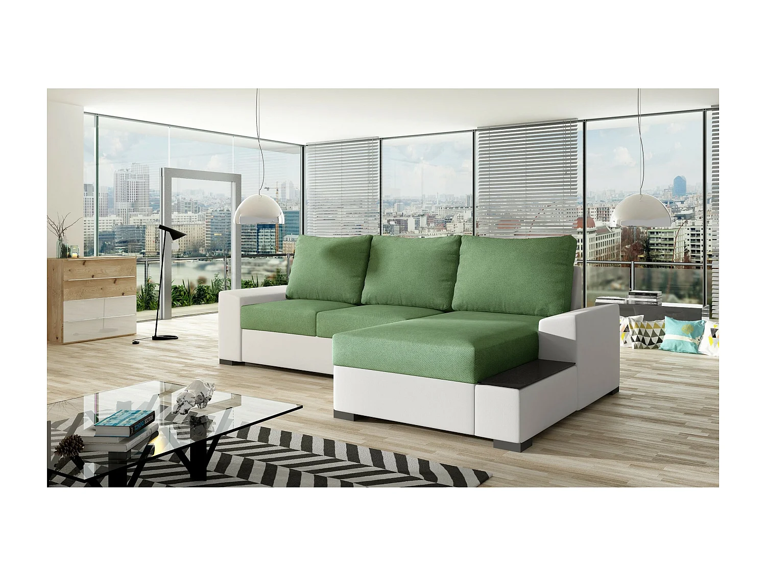 Divano d'angolo Arte R/rivestimento in tessut/Verde&Bianco