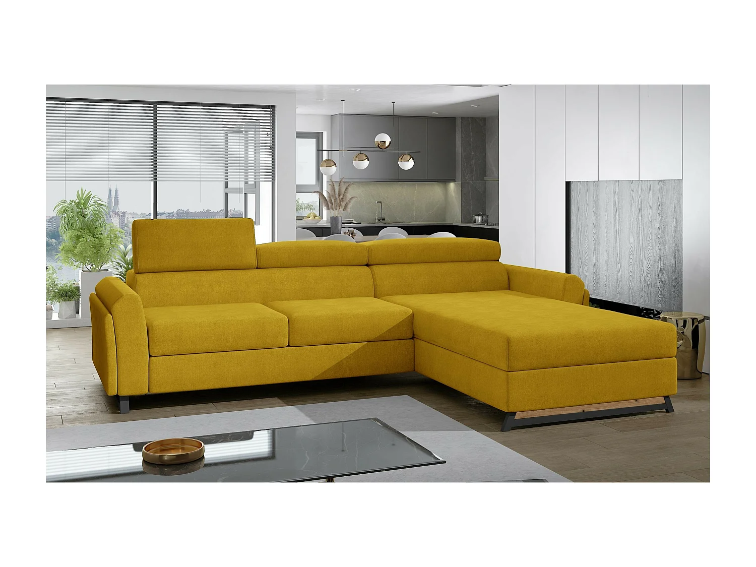 Divano d'angolo Salvia R /rivestimento in tessut/Giallo