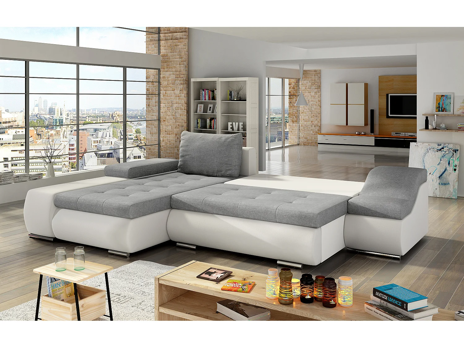 Ecksofa Swicco L/Stoffbezug/Schwarz&Weiss