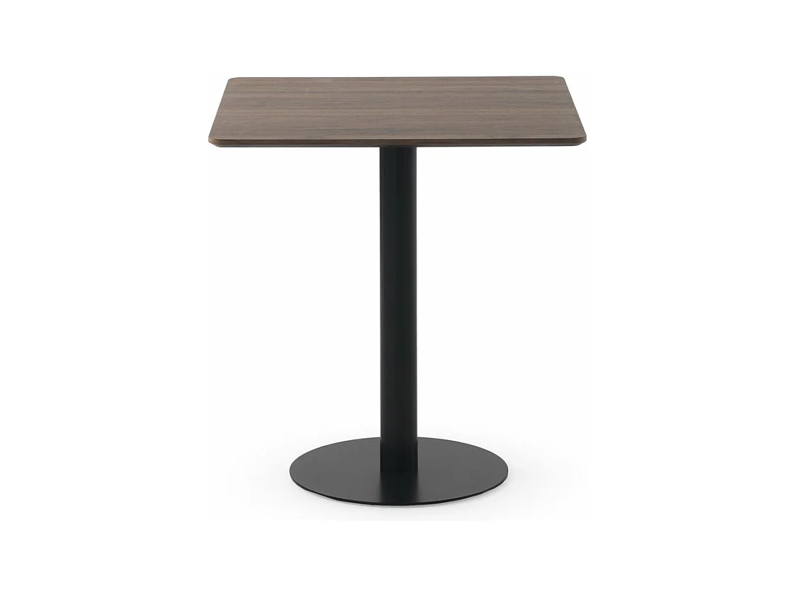 Tisch aus Melamin, Nussbaum, 70 x 70, schwarzer Metallfuß in der Mitte