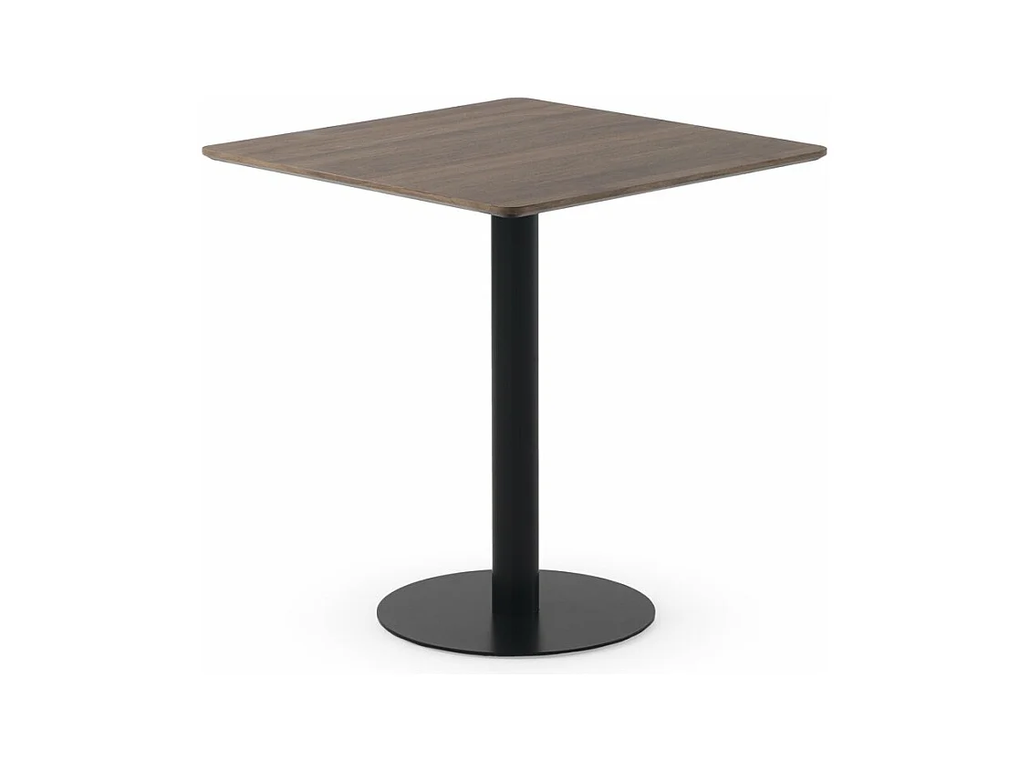 Tisch aus Melamin, Nussbaum, 70 x 70, schwarzer Metallfuß in der Mitte