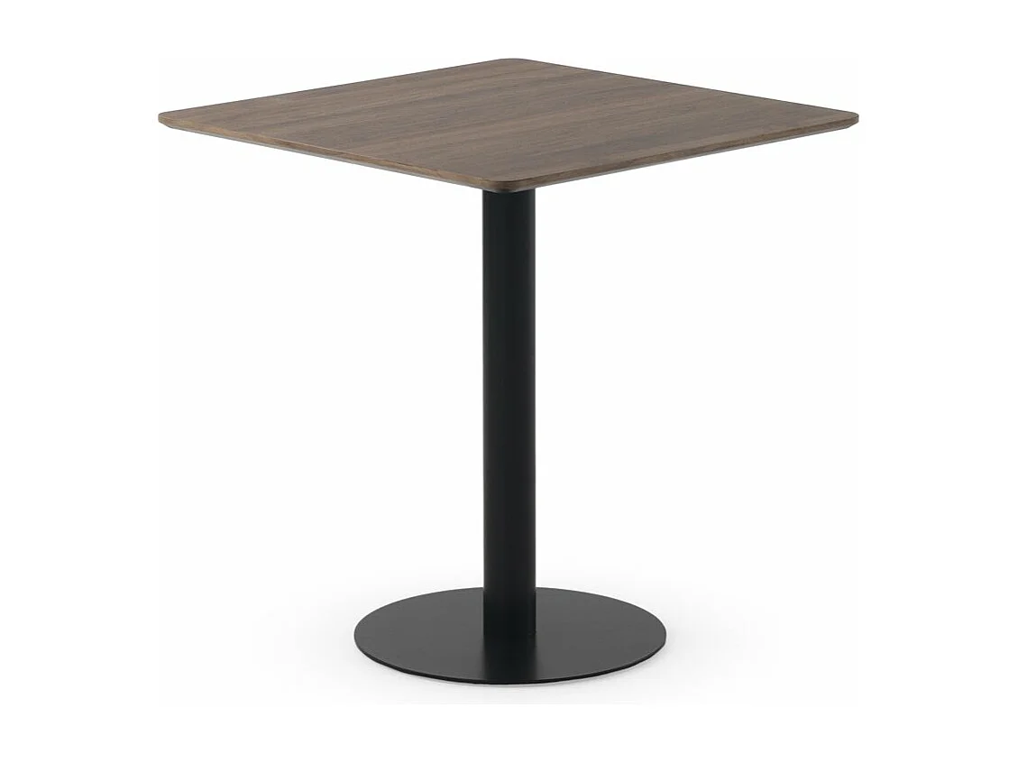 Tisch aus Melamin, Nussbaum, 70 x 70, schwarzer Metallfuß in der Mitte