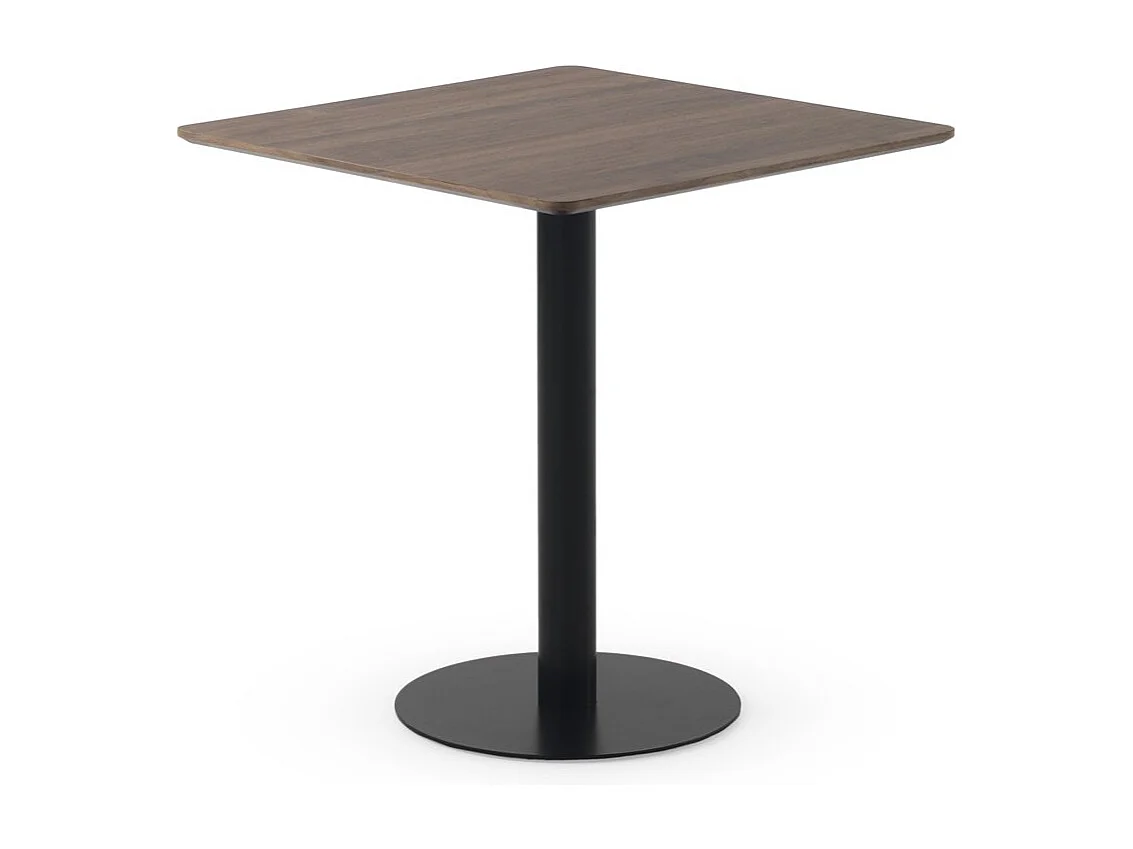 Table en mélamine noyer 70x70, pied central en métal noir