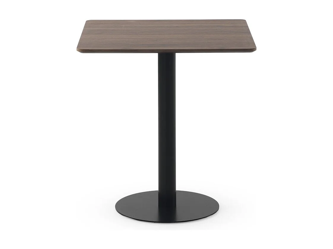 Table en mélamine noyer 70x70, pied central en métal noir