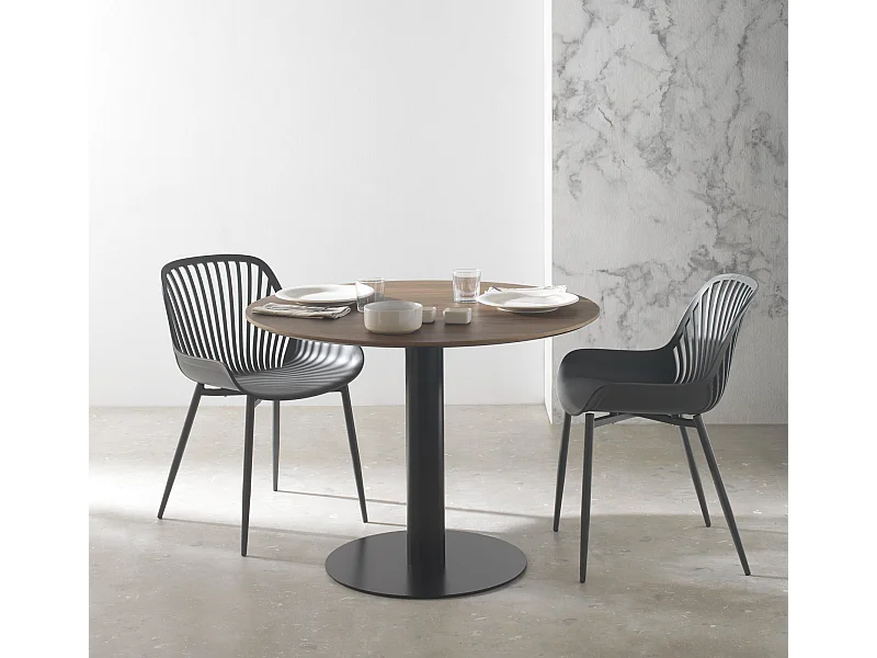 Table en mélamine noyer 100 de diamètre, pied en métal noir