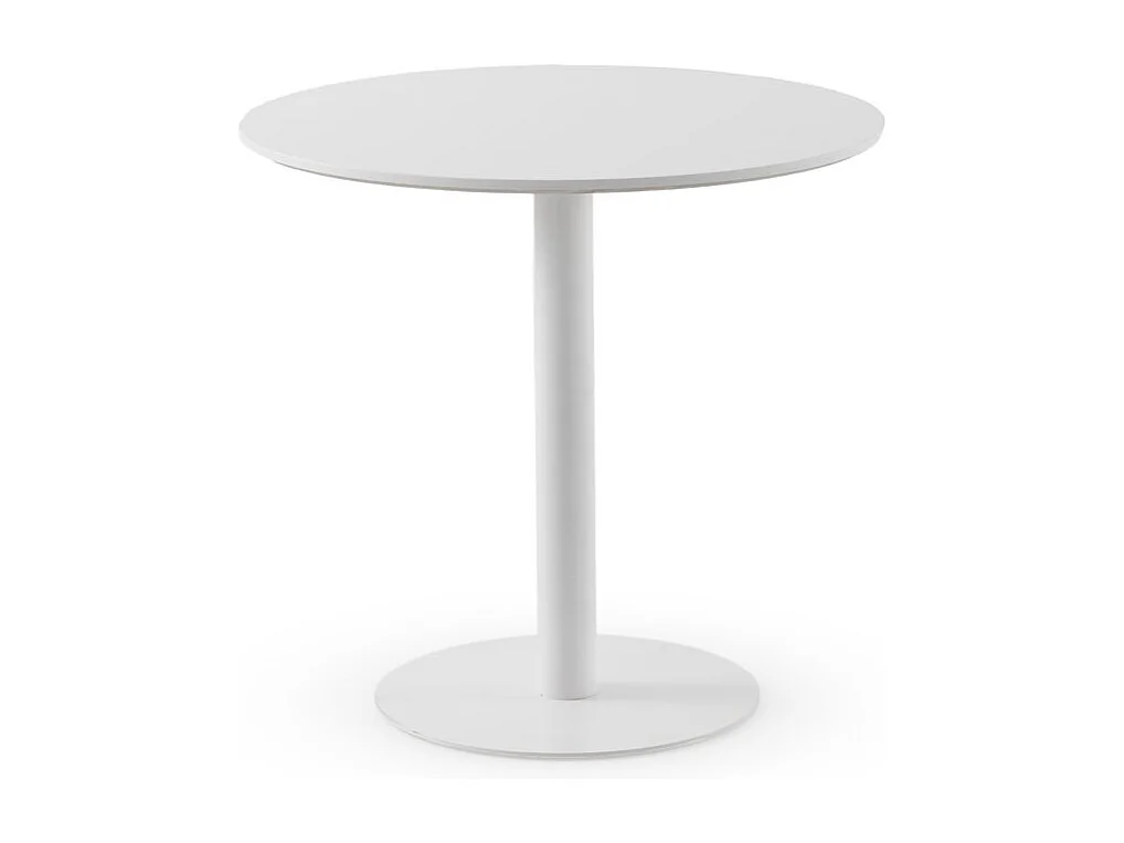 Table en mélamine blanche 80 de diamètre, pied en métal blanc
