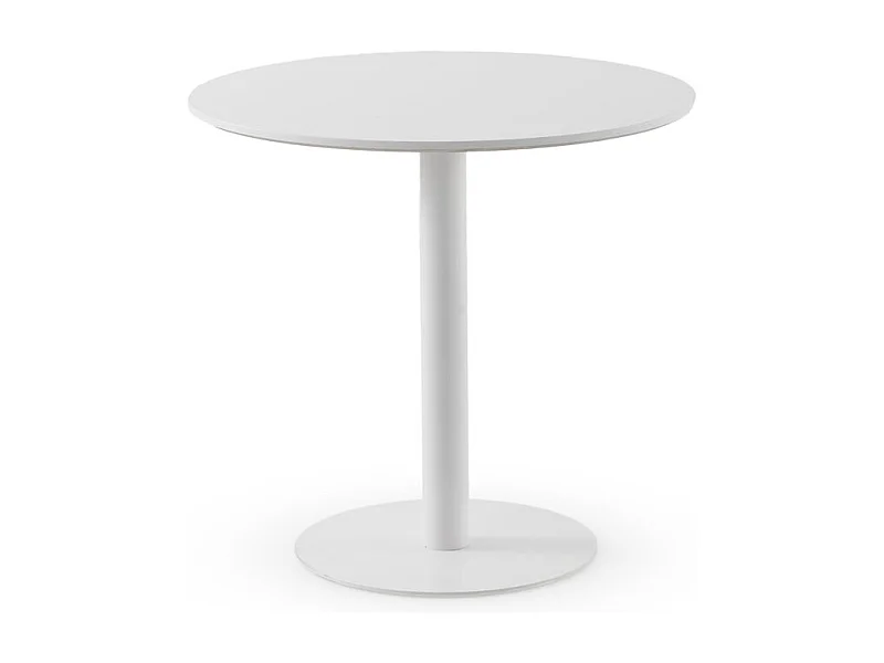 Table en mélamine blanche 80 de diamètre, pied en métal blanc