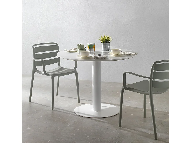 Mesa de melamina branca 80 diâmetro, base central de metal branca