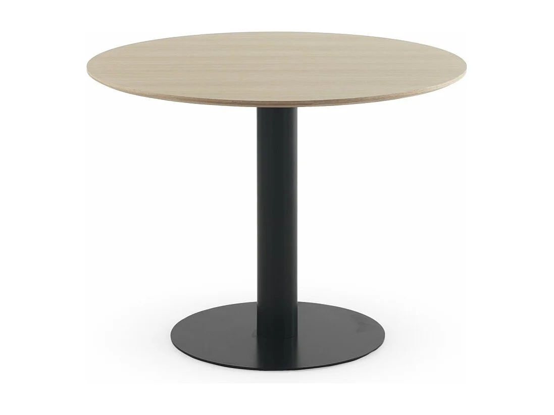Tisch aus Melamin, Esche, Durchmesser 100, Metallfuß in Schwarz