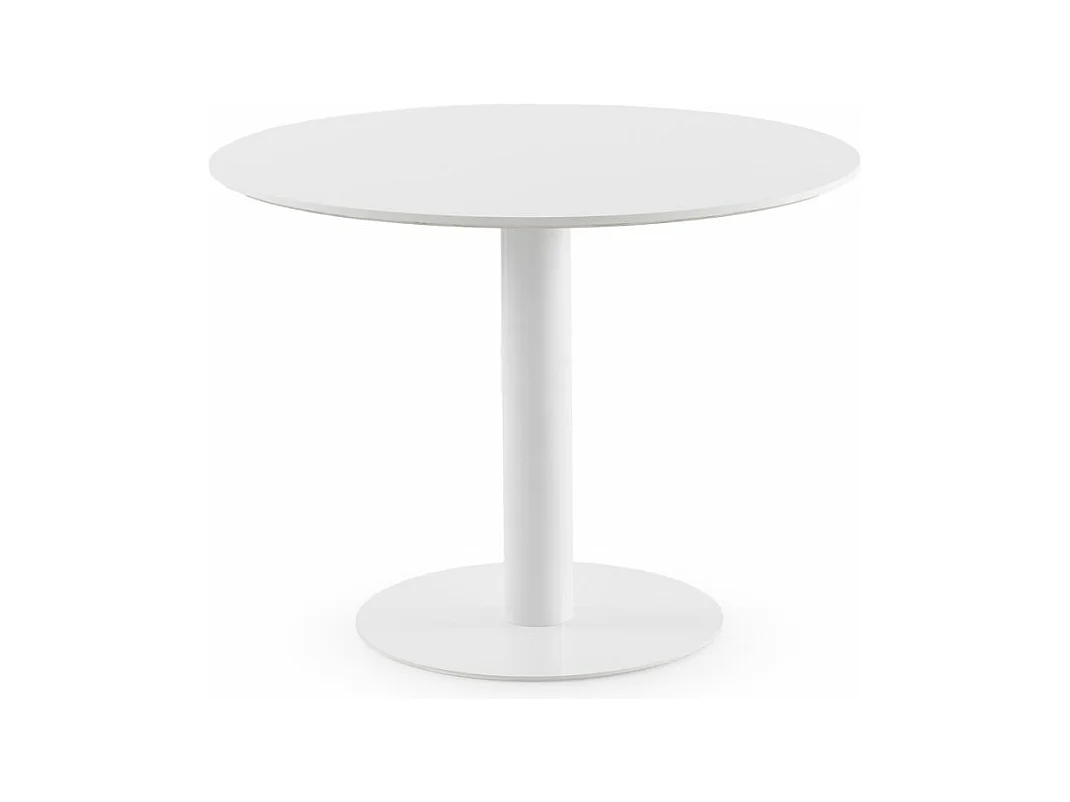 Table en mélamine blanche 100 diamètre, pied central en métal blanc