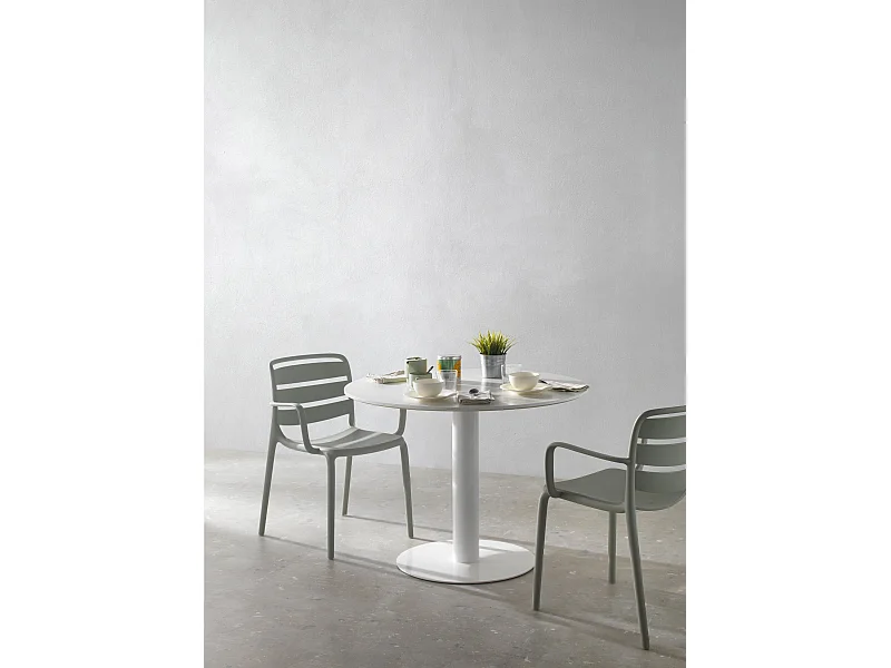 Tisch aus Melamin, Weiß, Durchmesser 100, Metallfuß in Weiß