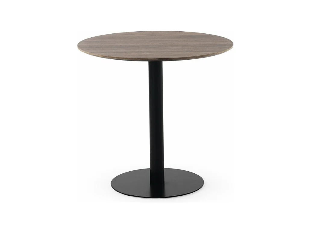 Table en mélamine noyer 80 de diamètre, pied central en métal noir