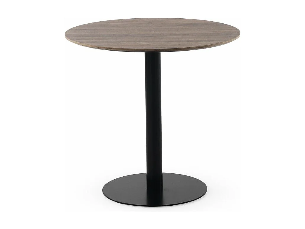 Table en mélamine noyer 80 de diamètre, pied central en métal noir