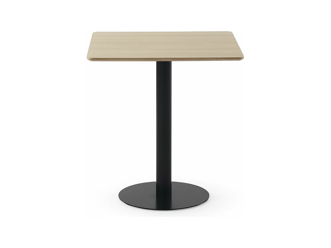 Table en mélamine frêne 70x70, pied central en métal noir