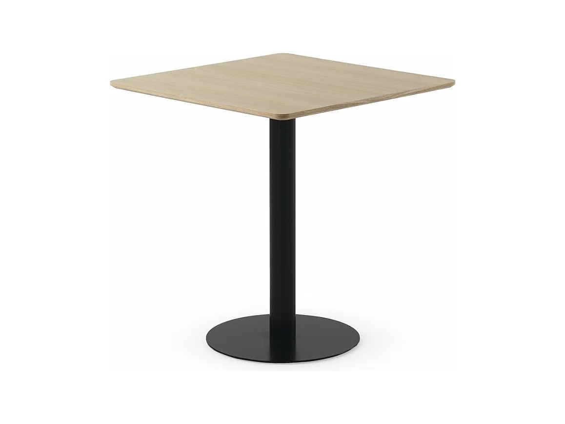 Table en mélamine frêne 70x70, pied central en métal noir