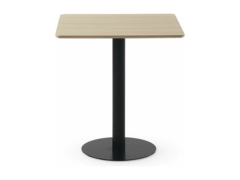 Table en mélamine frêne 70x70, pied central en métal noir