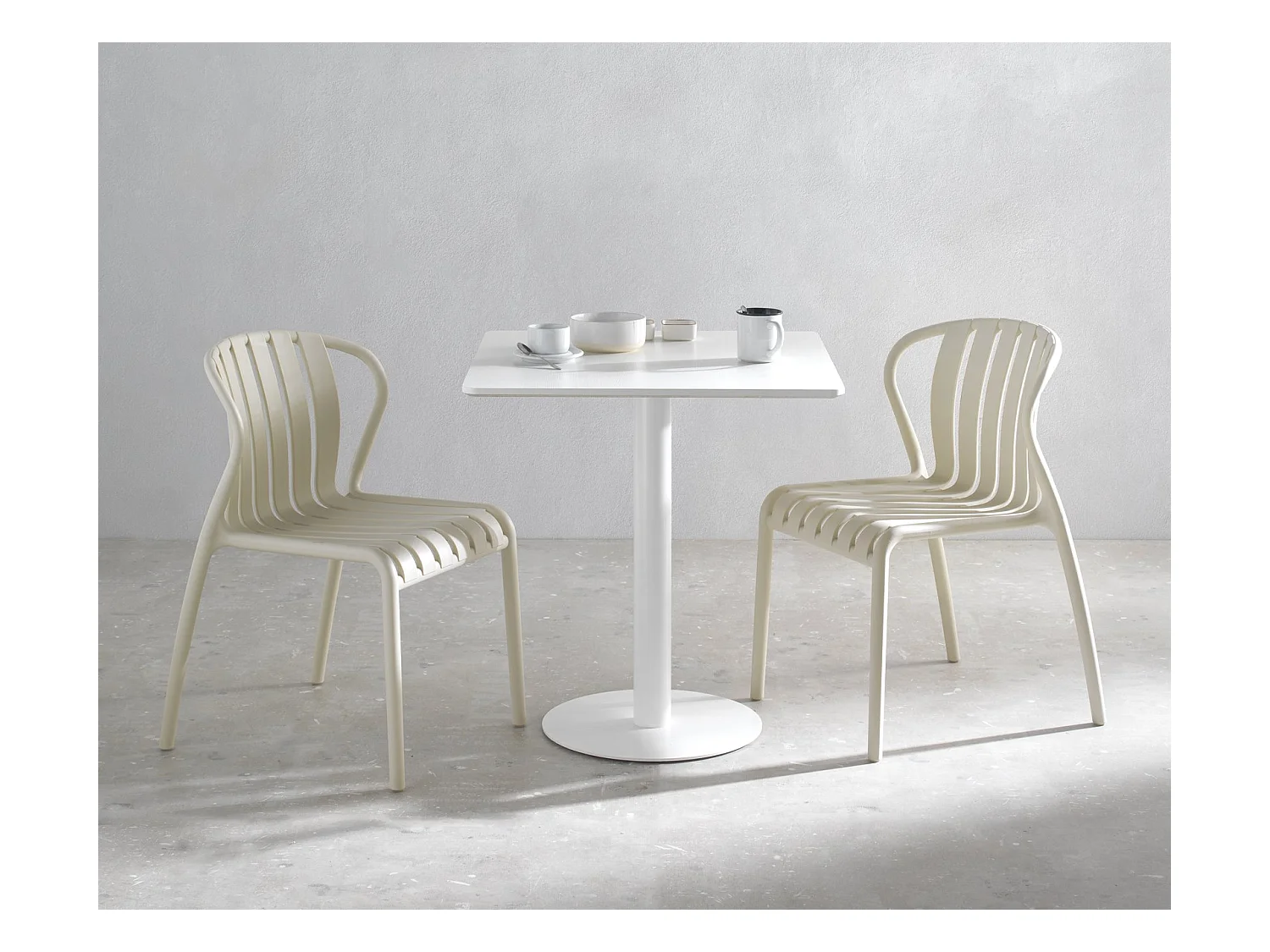 Mesa melamina blanca 70x70, pie central metálico blanco