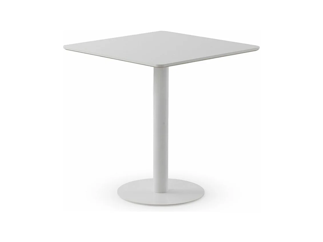 Table en mélamine blanche 70x70, pied central en métal blanc