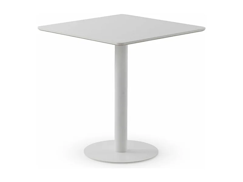 Table en mélamine blanche 70x70, pied central en métal blanc