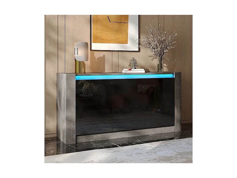 Buffet avec LED, 3 portes - étagère réglable - Panneau de particules - Gris et Noir - 150x40x75cm