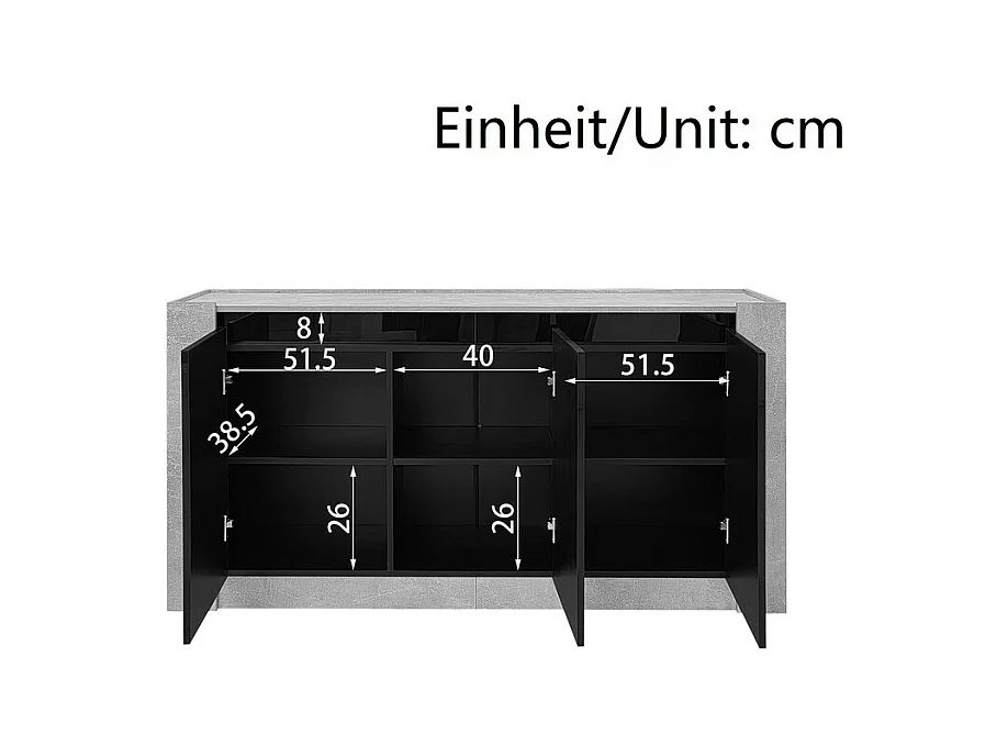 Buffet avec LED, 3 portes - étagère réglable - Panneau de particules - Gris et Noir - 150x40x75cm