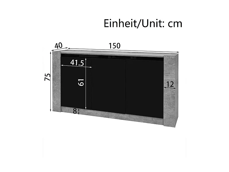 Buffet avec LED, 3 portes - étagère réglable - Panneau de particules - Gris et Noir - 150x40x75cm