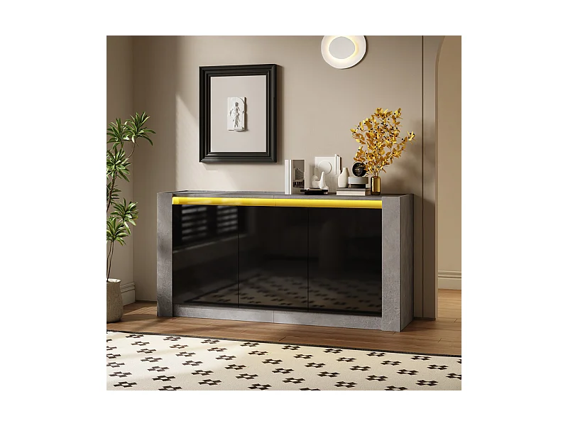 Buffet avec LED, 3 portes - étagère réglable - Panneau de particules - Gris et Noir - 150x40x75cm