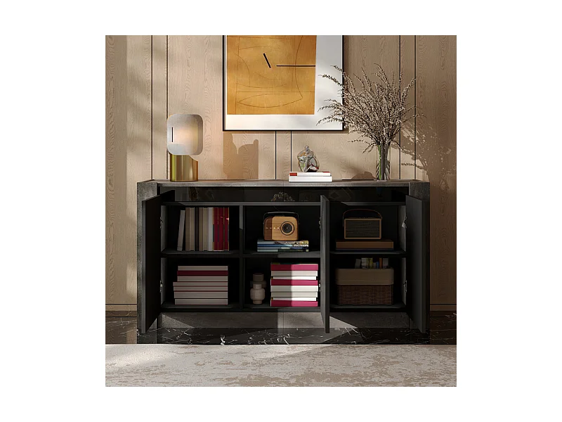 Buffet avec LED, 3 portes - étagère réglable - Panneau de particules - Gris et Noir - 150x40x75cm