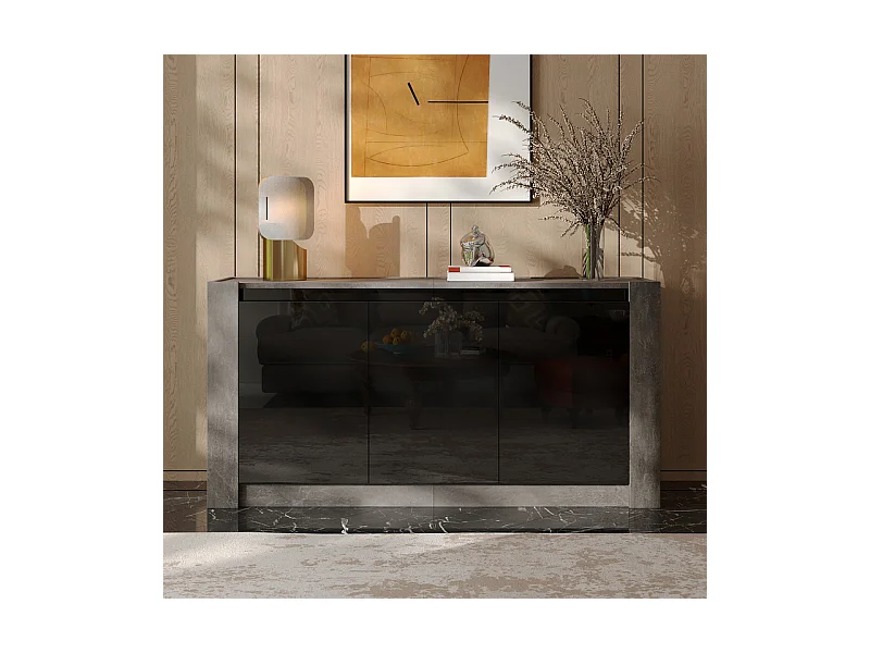 Buffet avec LED, 3 portes - étagère réglable - Panneau de particules - Gris et Noir - 150x40x75cm