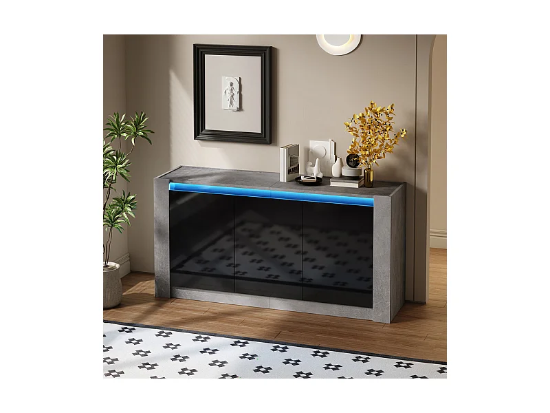Buffet avec LED, 3 portes - étagère réglable - Panneau de particules - Gris et Noir - 150x40x75cm