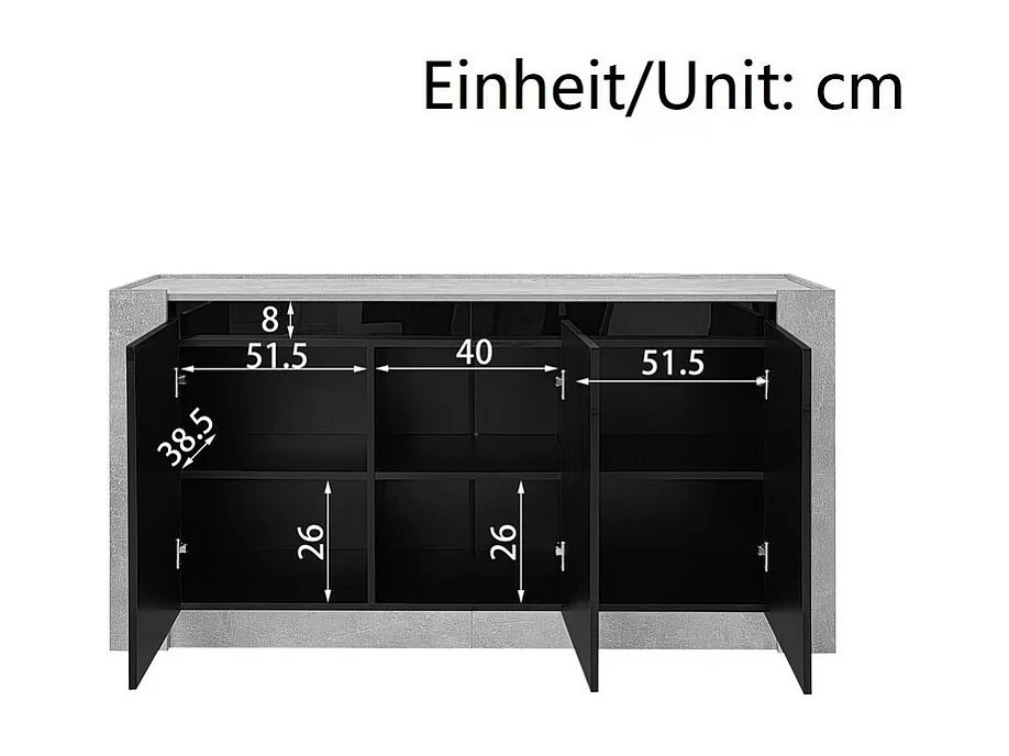 Buffet avec LED, 3 portes - étagère réglable - Panneau de particules - Gris et Noir - 150x40x75cm