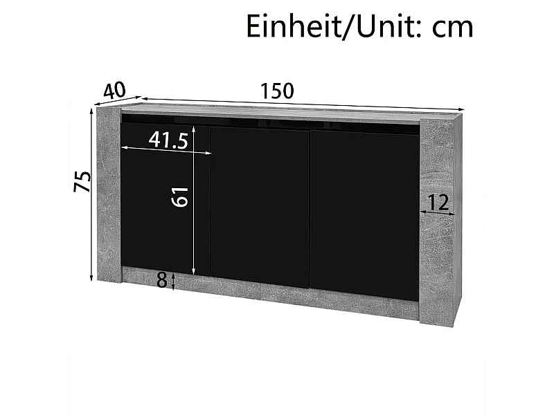 Buffet avec LED, 3 portes - étagère réglable - Panneau de particules - Gris et Noir - 150x40x75cm