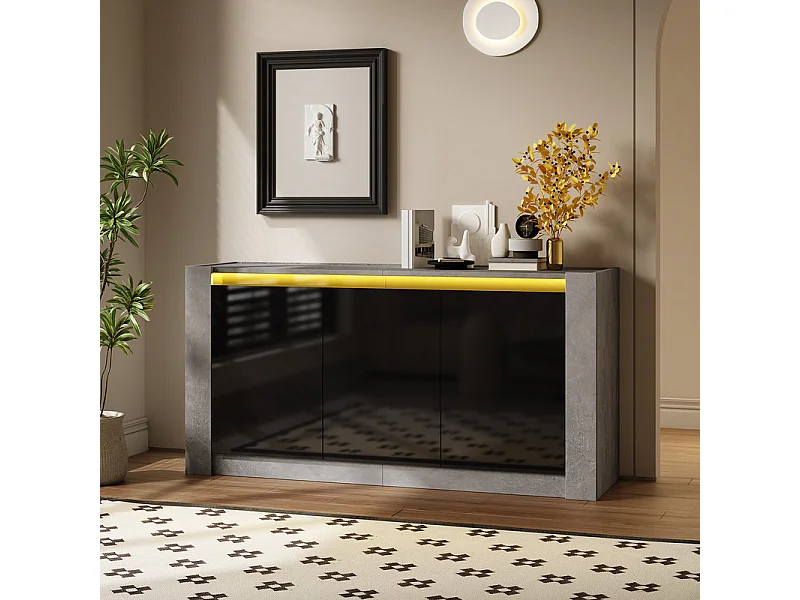 Buffet avec LED, 3 portes - étagère réglable - Panneau de particules - Gris et Noir - 150x40x75cm