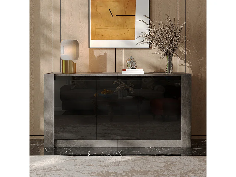 Buffet avec LED, 3 portes - étagère réglable - Panneau de particules - Gris et Noir - 150x40x75cm