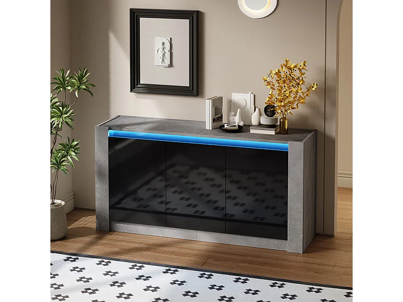 Buffet avec LED, 3 portes - étagère réglable - Panneau de particules - Gris et Noir - 150x40x75cm